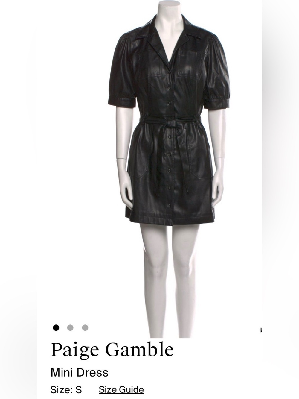 Paige Gamble Black Faux Leather Button Front Belted Mini Shirt Dress